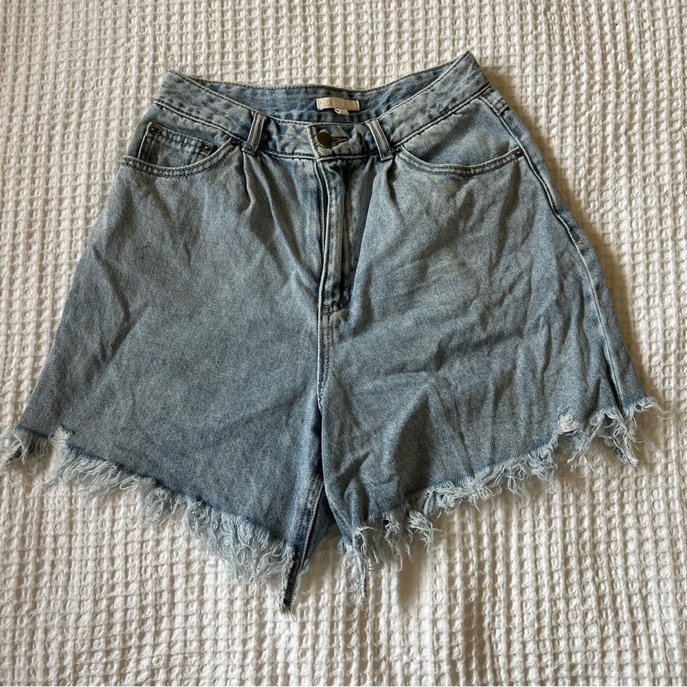 GB Light Blue Frayed Hem High Waist Shorts